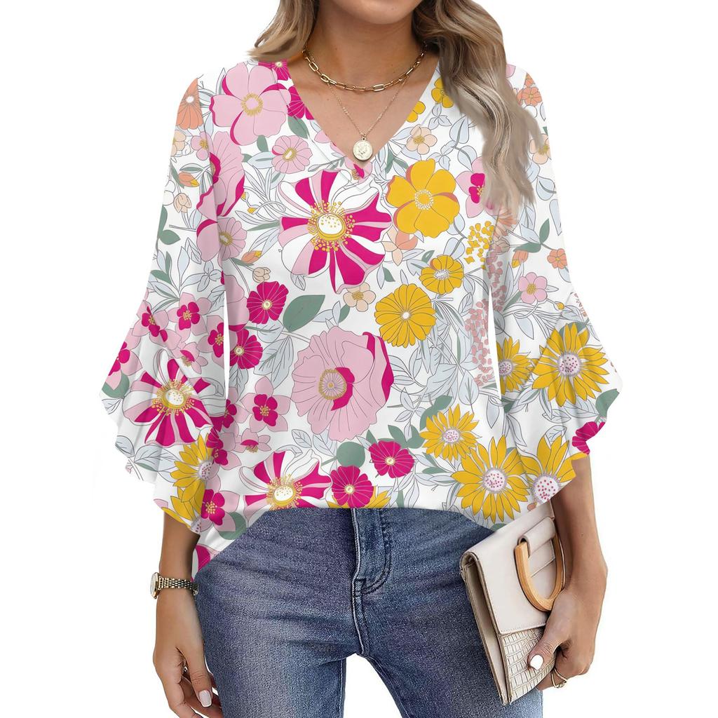 Blouses For Women Dressy Casual 3/4 Length Sleeve Womens Tops V Neck Tshirts Shirts With Flared Sleeve