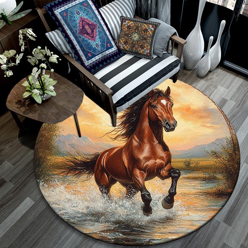 Galloping Horse Round Area Rug,Carpet Rug for Living Room Bedroom Sofa Playroom Decor,Non-slip Floor Mat