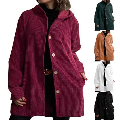Women's Loose Casual Solid Color Hooded Long Sleeved Buttoned Jacket With Pockets