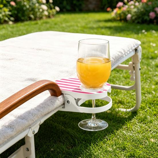 Clip-On Drink Holder for Chair, Portable Cup Holder for Beach Chair Patio Table, Striped Outdoor Clamp On Beverage Caddy for Pool Cruise