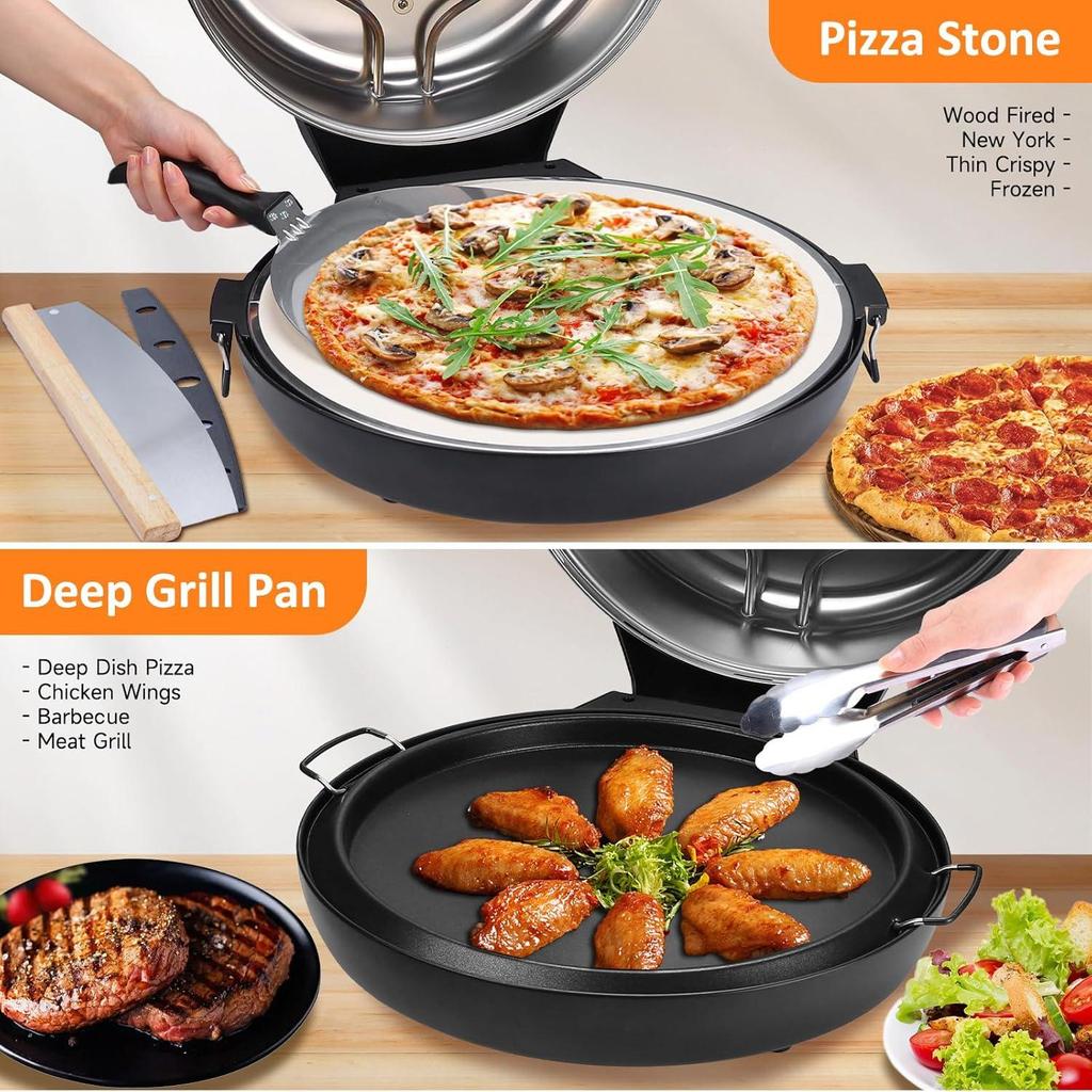 16-inch Pizza Oven, 1600W Countertop Pizza Machine, 420℃ Pizza Oven, Ceramic Stone Pizza Oven with Built-in Thermometer and Timer