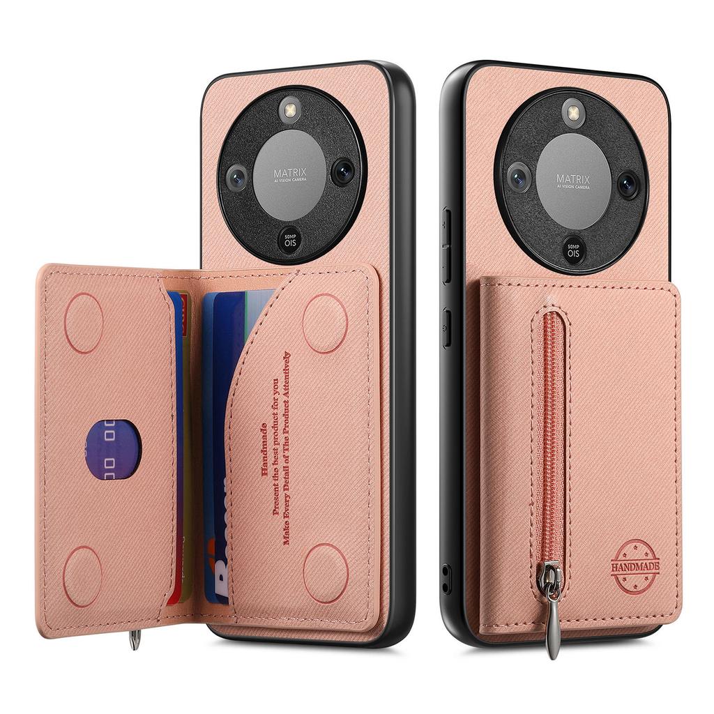 Phone Case For Honor Magic8 Lite 5G / X9d 5G / X70 5G Zipper Card Holder Kickstand Jeans Cloth Texture Leather Back Cover