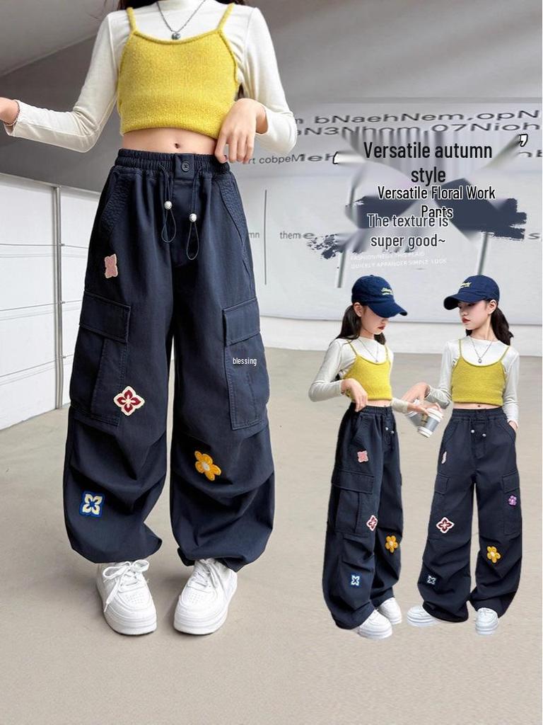 Girls' Autumn Casual Wide-Leg Cargo Pants with Korean Street Style and Trendy Embroidered Design