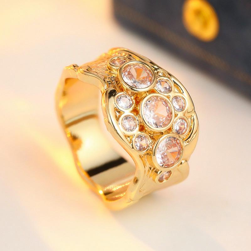 Ethnic Inlaid White CZ Women's Ring Dazzling Gold Color Geometry Daily Wear Party Jewelry Anniversary Gift