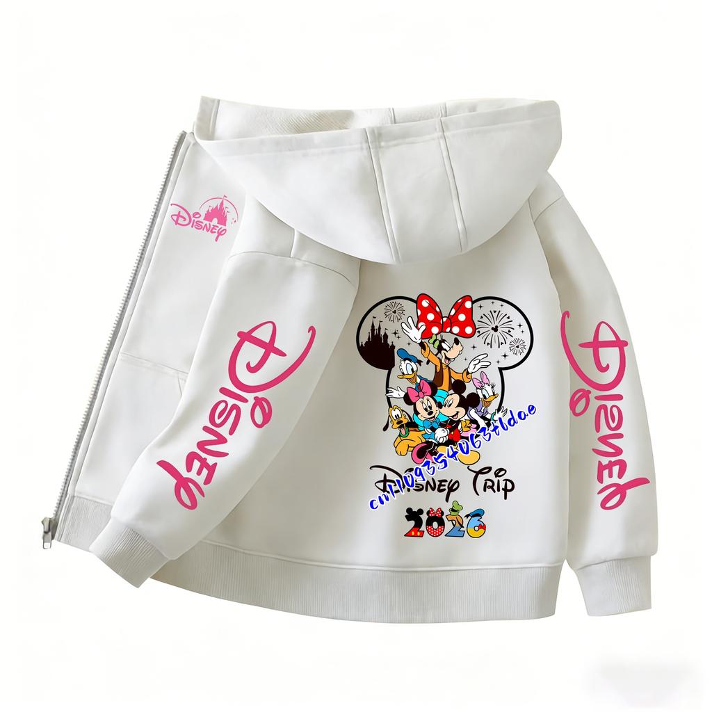2026 Family Trip Kids Zip Up Hoodie Cute Cartoon Mouse & Friends Graphic Casual Hooded Jacket