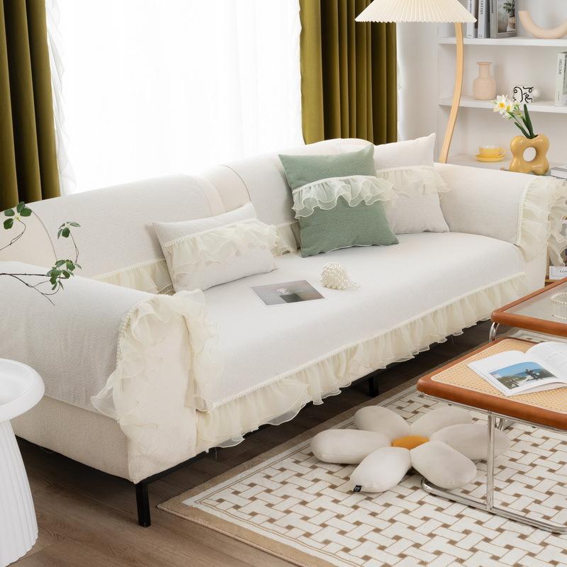 Pearl Lace Girly Style Four Seasons Chenille Sofa Cushion Anti-Cat Scratch Solid Color Anti-Slip Sofa Cushion Cover