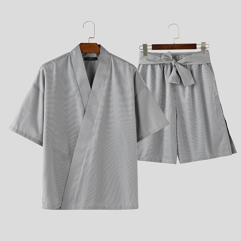 

INCERUN Костюм-двойка Летний Мужской Рубашки с коротким рукавом и перекрестом спереди Бинтовые брюки Комплекты S чёрный