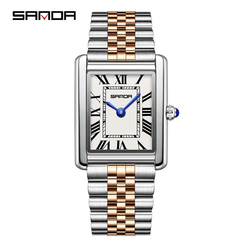 Montre à Quartz pour Femme Sanda, Petit Cadran, Chiffres Romains, Mode Étanche Rectangulaire, Design Couple.