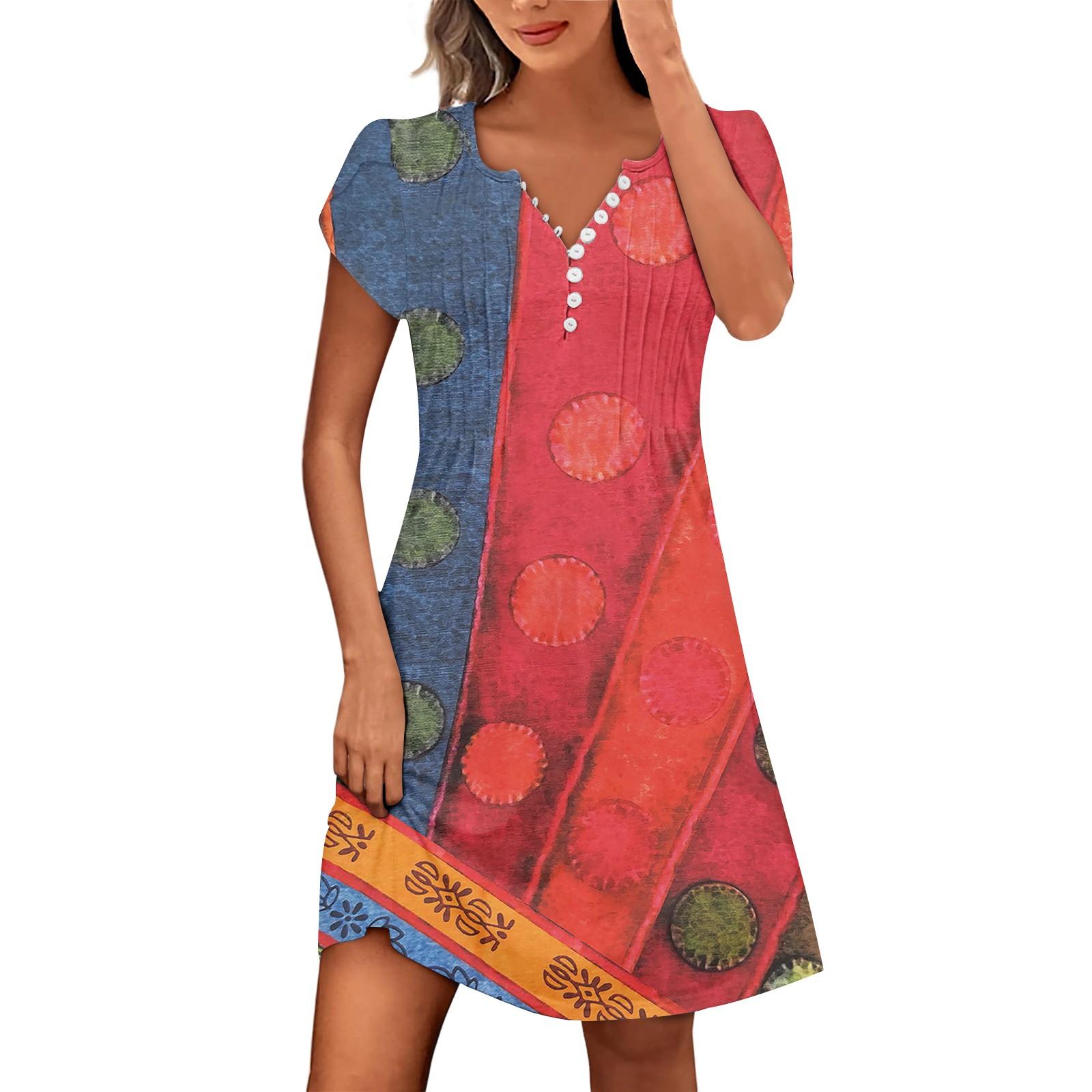 

Women s Summer Button V-Neck Petal Sleeve Geometric Patchwork Bohemian Beach Dresses XL Кіновар