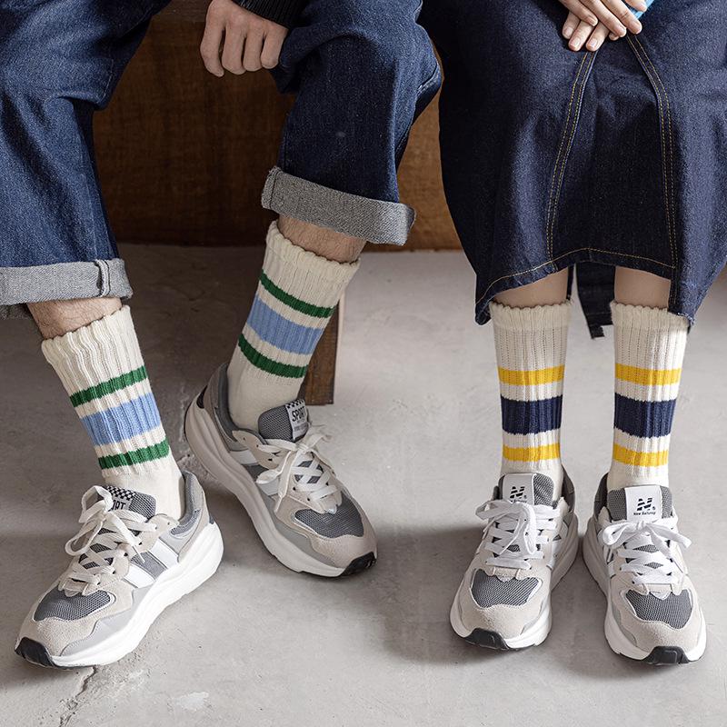 Trendy Japanese Thick Striped Slouch Socks - Retro Towel Bottom Mid-Calf Style for Men & Women