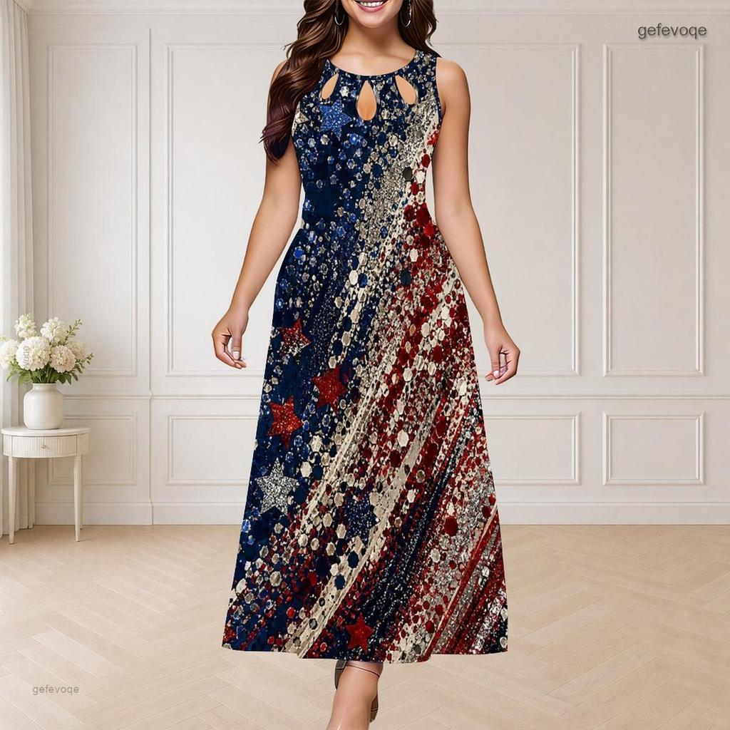 Women Plus Size Round Neck Triple Keyhole Sleeveless Printed Red Blue Silver Long Dress