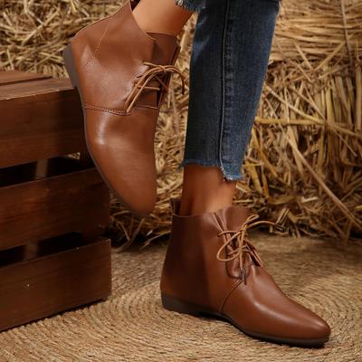 Fashion New Women's Ankle Boots Lace Up Leather Shoes Pointed Toe Flats Soft Sneakers for Female Motorcyle Boots Black Booties