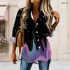 Women Plus Size Lapel Long Sleeve Button Shirt Dress Black Purple Galaxy Wave Star Print Irregular Back Hem Tunic Dress