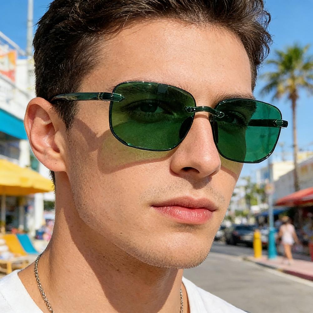 Bai Fen Bai Electronic 3C Men's Green Classic Rimless Sunglasses Square Frame Sun Glasses Ultralight Driving Eyewear Uv400 Goggles Retro Shades Oculos De Sol