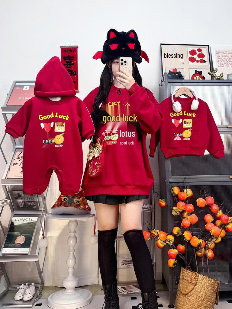 New Year Parent-Child Red Sweatshirt: Stylish Autumn/Winter Fashion for Mother-Daughter & Mother-Son