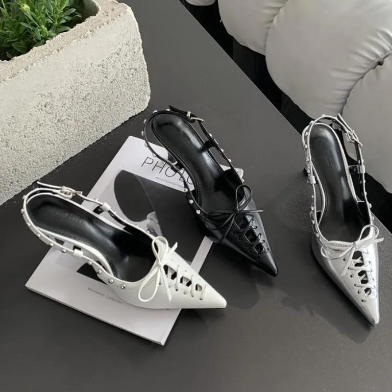 Fashion Design Rivets Back Buckle Strap Women Pumps Hollow Out Lace Up Pointed Toe Low Thin Heels Mules Sandalias De Mujer Shoes