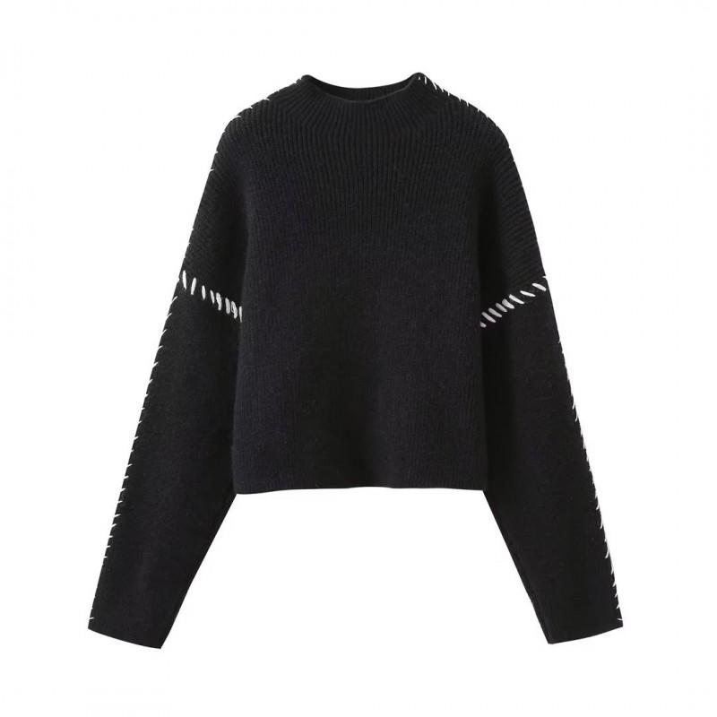 Womens Knit Sweater Round Neck Warm Layered Color Block Chic Pullover Casual Long Sleeve Top M6221