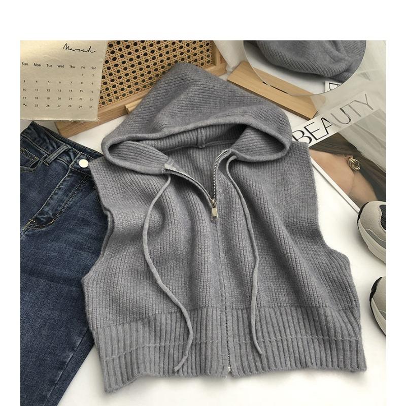 Women's Hooded Knitted Vest Autumn and Winter Zipper Cardigan Sweater Vest Top