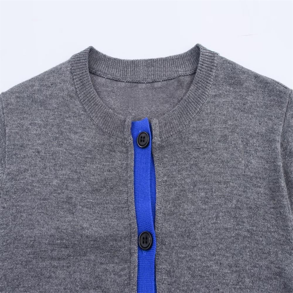 European & American Style Autumn Women's Color Block Patchwork Knit Cardigan Sweater with Round Neck and Single-Breasted Design