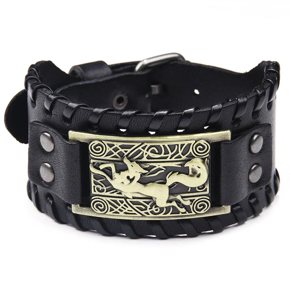 Punk Men Wide Bangle Accessory Wolf Head Charm Bracelet Leather Weave Adjustable Wristband Friendship Jewelry