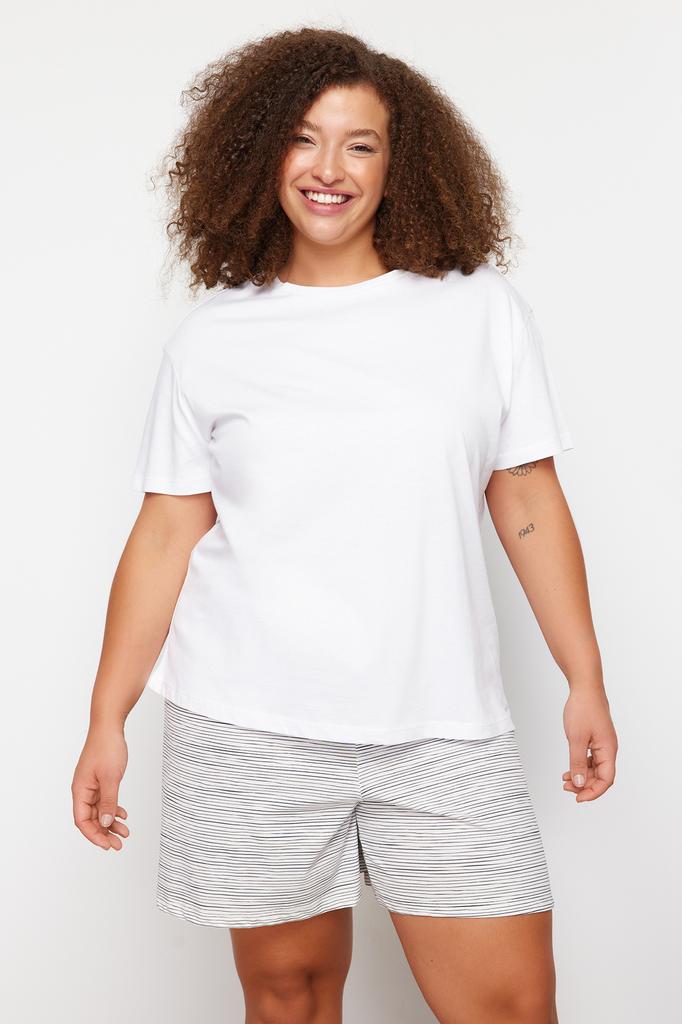 Women's Fashion New Plus Big Size Pajama Set Green Crew Neck Striped Knitted Pajama Set