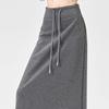 Women Sport Skirt High Waisted Adjustable Drawstring Long Skirt with Hem Slit Pure Color Slimming Design Casual Athletic Skirt