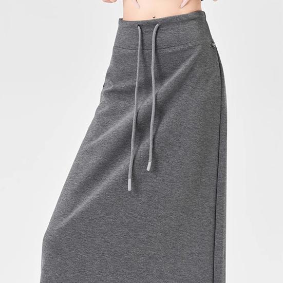 Women Sport Skirt High Waisted Adjustable Drawstring Long Skirt with Hem Slit Pure Color Slimming Design Casual Athletic Skirt