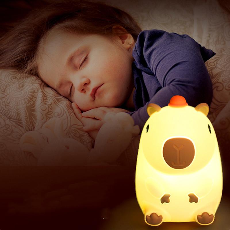 Bebek Silikon Kapibara Gece Lambası Taşınabilir USB Şarj Edilebilir Hayvan Dokunmatik Kontrol Lambası Zamanlayıcı Fonksiyonlu Oda Dekorasyonu İçin Komik Oyuncak