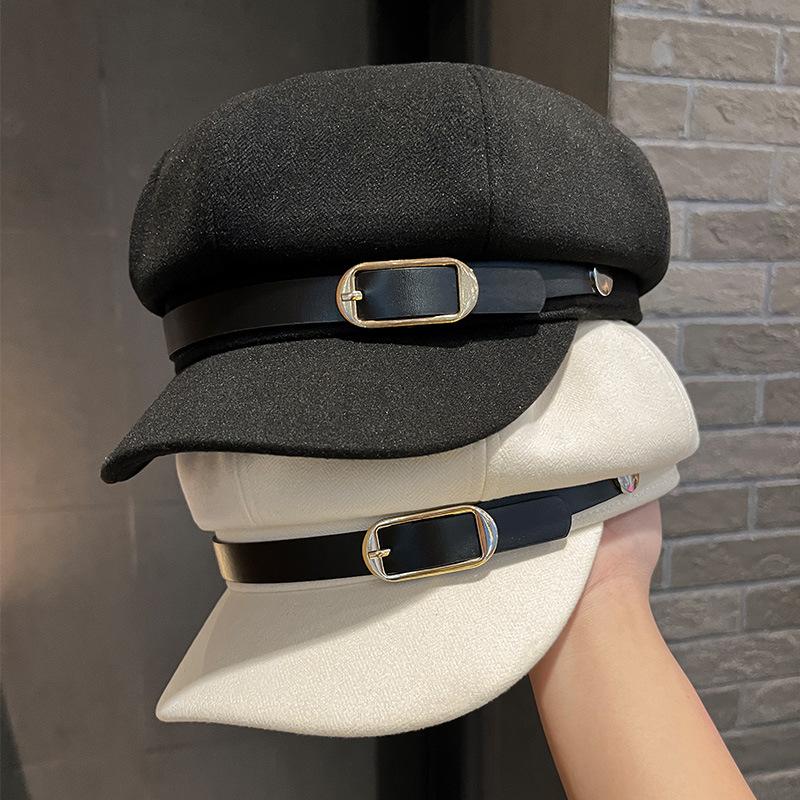 Autumn and winter new simple belt buckle octagonal hat children's outdoor woolen warm newsboy hat British painter hat