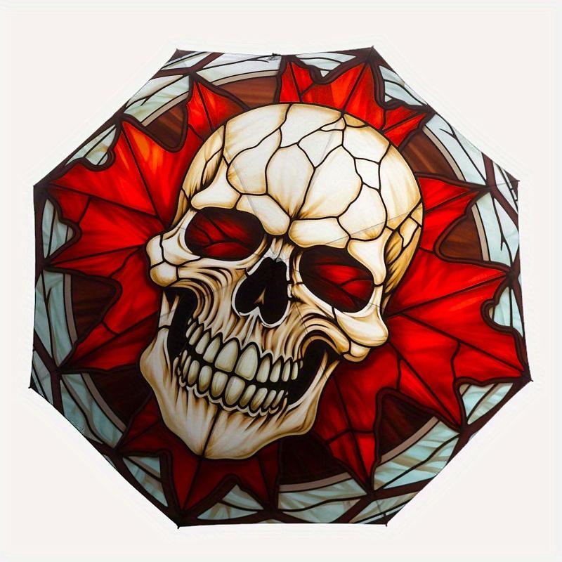 Stained Skull with Red Leaves DecorUmbrella, Portable 3-Fold Compact Umbrella,Christmas Gift ES653