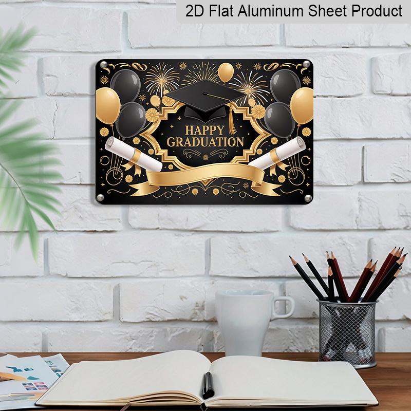 2D Flat, 1pc "Happy Graduation" Black & Gold Plaque, 12”*8" - Graduation Decor Sign with Cap & Diploma, Black & Gold - Aluminium Wall Hanging