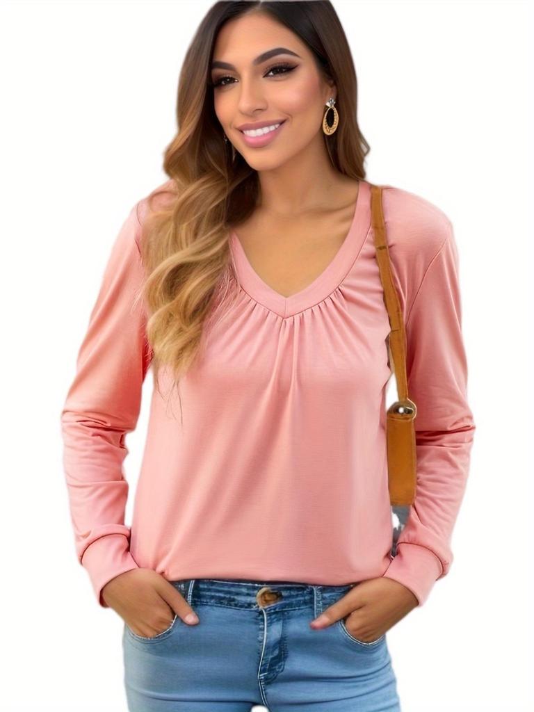 European & American Women's Autumn Ruched V-neck Ruffle Long Sleeve Loose T-shirt