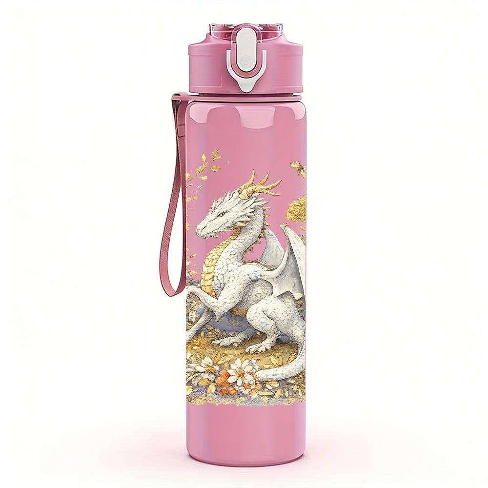 1PC White Gold Winged Dragon Print 750ml Color Plastic Sports Water Bottle Leakproof Flip Straw Lid Suitable for Sports Office Home Use