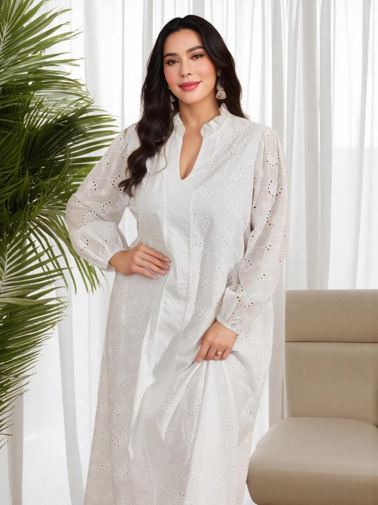 Plus Size V-neck Embroidered Lantern Sleeve Casual Dress