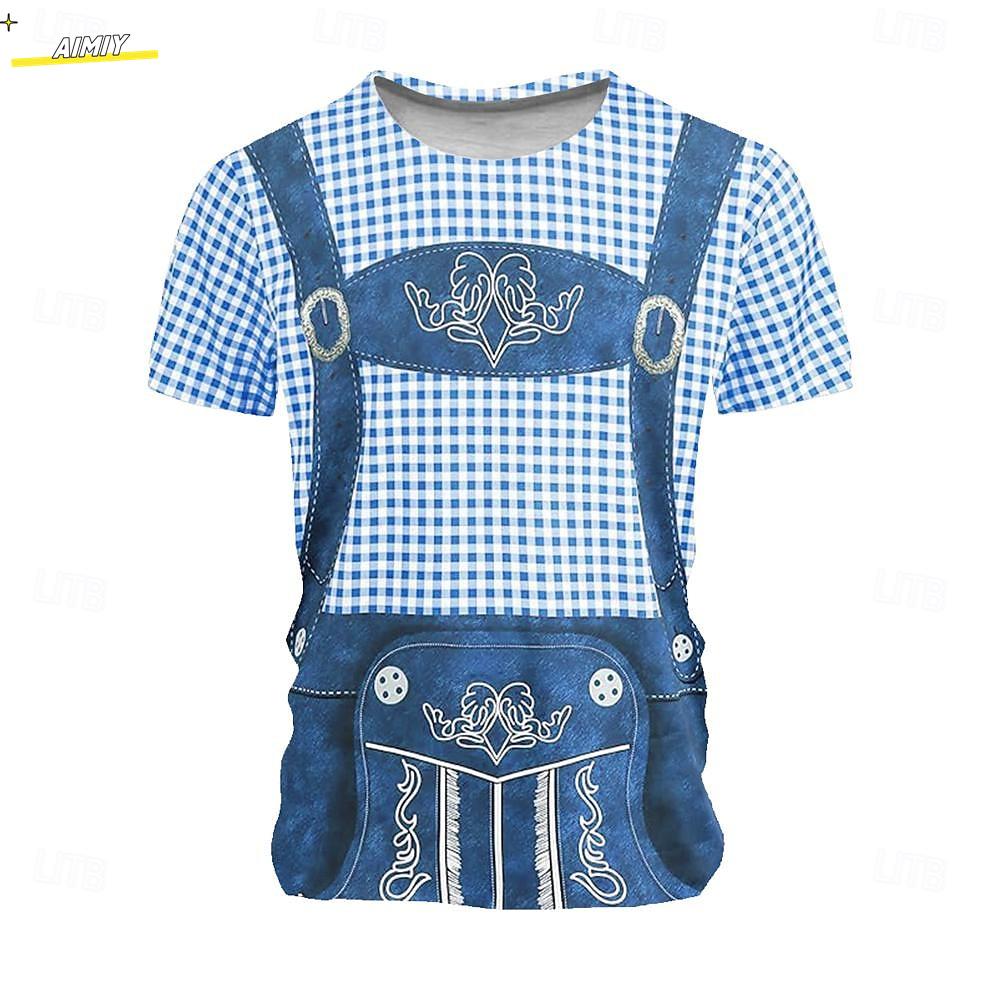 Men's 3D Printed T-shirt, Round Neck Short Sleeved Shirt, Carnival Party, Beer Festival, Checkered Clothing for Summer and Spring