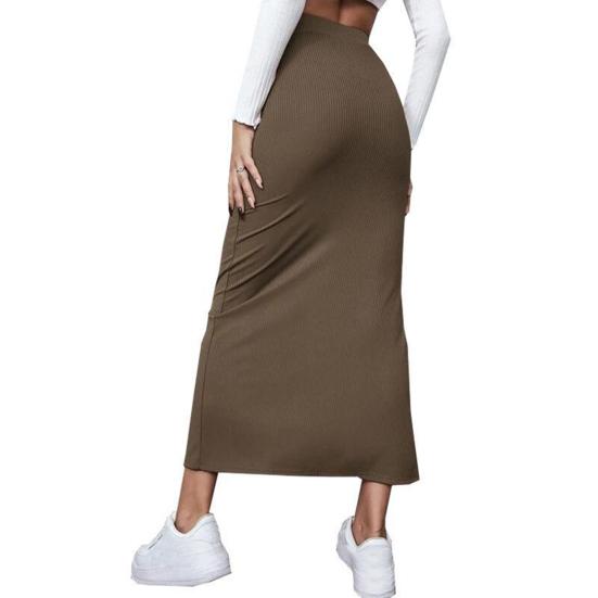 Dámska rebrovaná bodycon sukňa s rozparkom, vysoký pás, ceruzková sukňa, obopínajúca boky, úzky strih, dlhá sukňa, sukňa pre kancelársku dámu, pracovná sukňa
