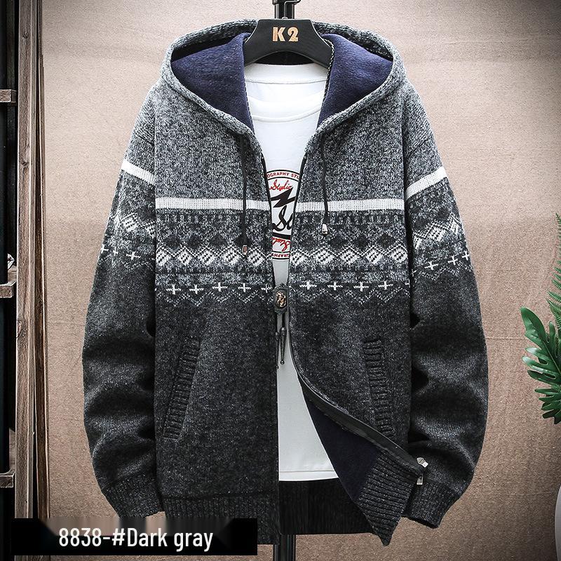 Men's Korean Style Hooded Knitted Sweater Jacket - Color Block, Plus Velvet, Autumn/Winter
