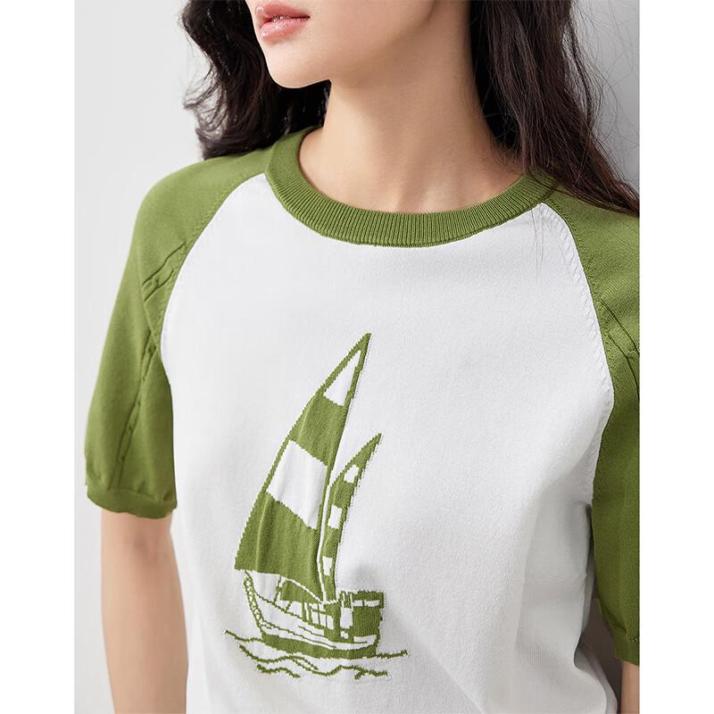 Chuyu Women's Sailboat Jacquard Short-Sleeve Knit Top