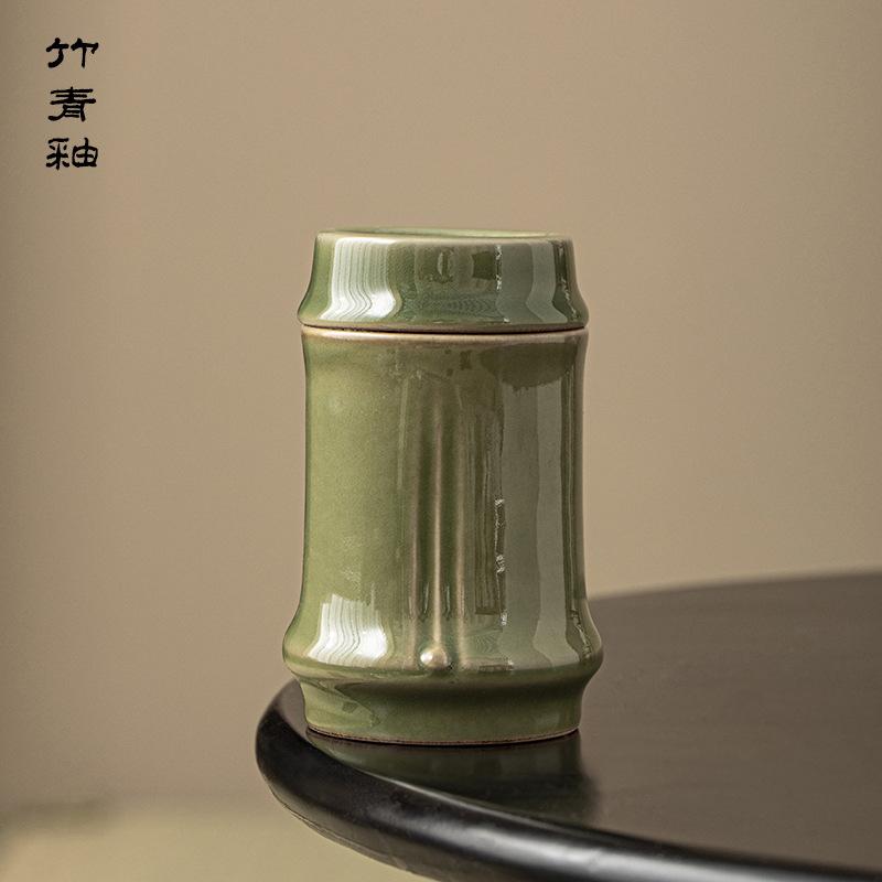 

Celadon Bamboo-joint Tea Canister Vintage Ceramic Jar for Candies Nuts Coffee Beans Herbs Kitchen Airtight Storage Container New