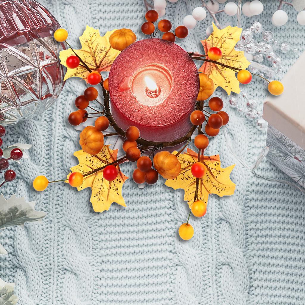 Fall Candle Rings Wreaths Decorative Candle Rings with Artificial Leaves Pumpkin Berries