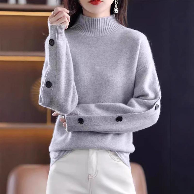 Autumn Winter Half High Collar Loose Casual Solid Color Sweater Women Simple All-match Bottomed Knitting Top