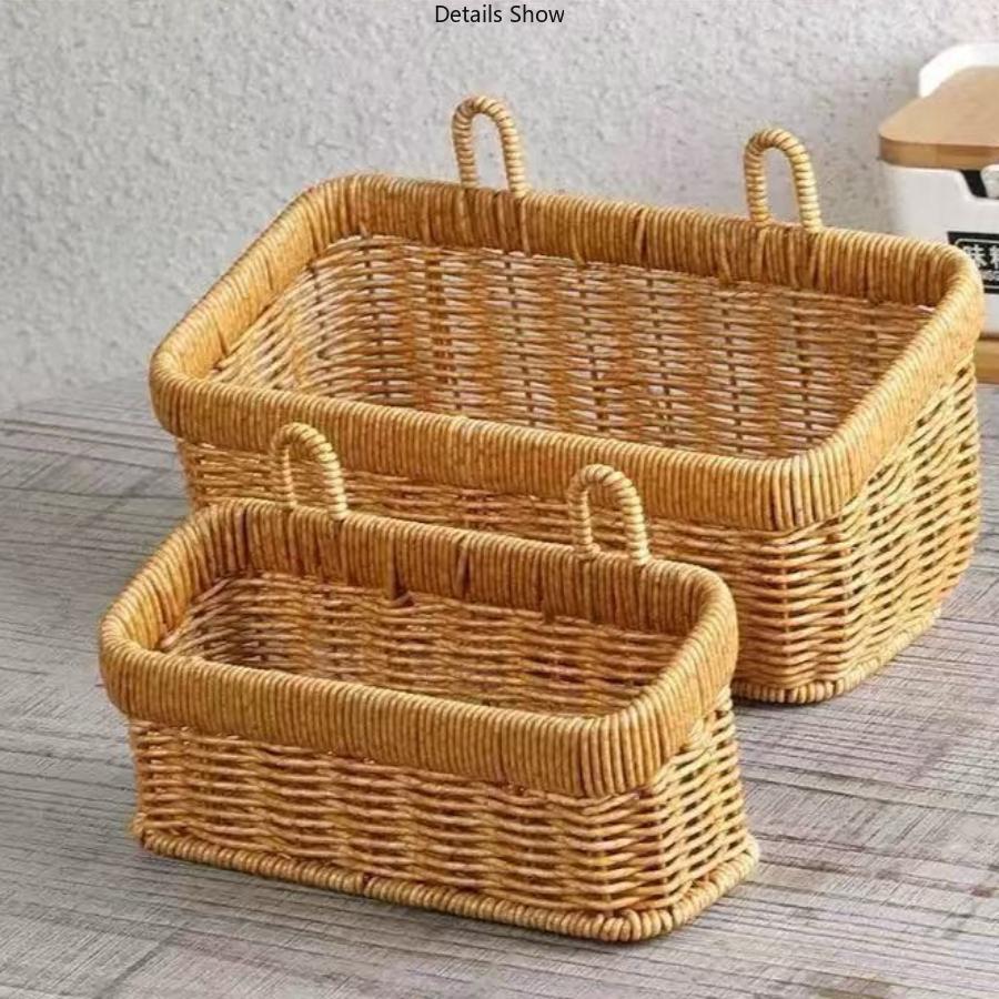 Wall Hanging Woven Storage Basket Set | Plastic Rattan Hanging Organizer with Hooks | 2 Sizes Kitchen Pantry Storage Basket for Home Decor