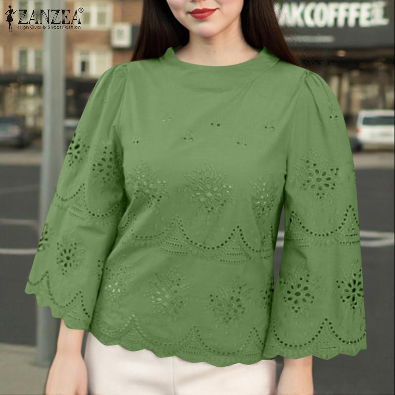 ZANZEA Womens Casual O-neck 3/4 Sleeve Crochet Patchwork Loose Blouse
