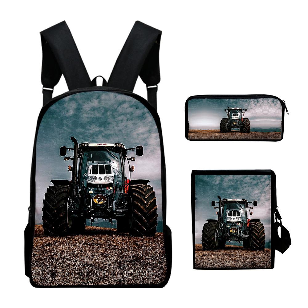 Klassiek Populair tractorpatroon 3D Print 3 stuks/Set leerling Schooltassen Laptop Dagrugzak Rugzak Schuin gedragen schoudertas Etui