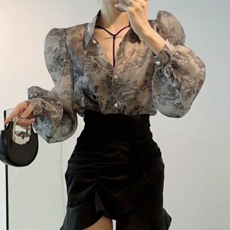 Women’s Retro Floral Puff Sleeve Polo Blouse