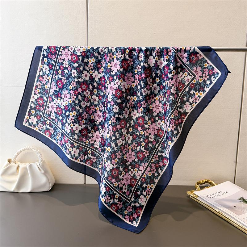 

70Cm Square Floral Print Blue Square Silk Scarf Casual Elegant Thin Breathable Neck Women Windproof Head Wrap Hair Scarves 70x70 cm