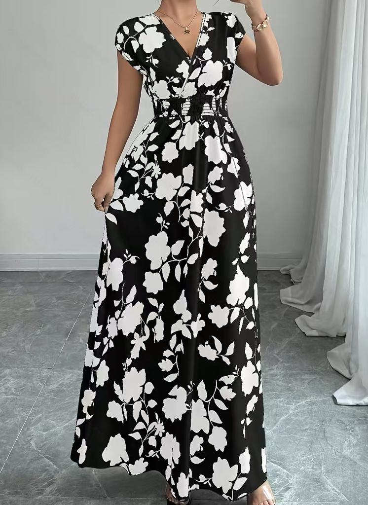 Short-sleeved dress, new printed V-neck long dress, European and American summer waist women's clothing