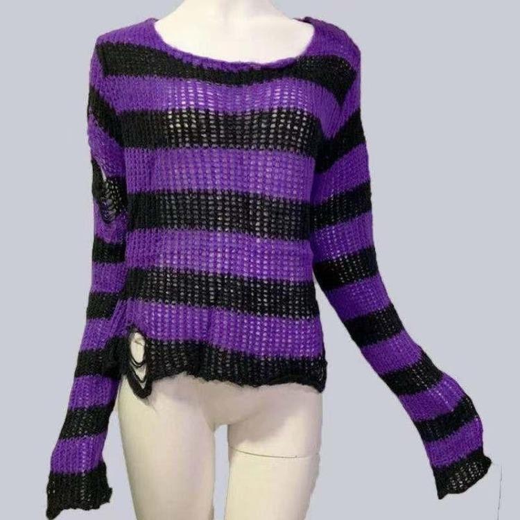 Unisex Women Cool Thin Loose Gothic Striped Long Jumper Dark Punk Streetwear Hollow Out Top Broken Hole