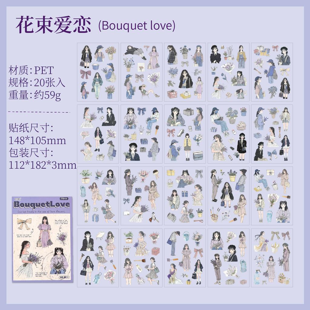 20 Sheets PET Die cut Stickers book Cartoon girl characters Decorative handmade Craft Material Diary Album Scrapbooking Supplies
