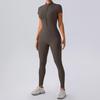 European & American Nude Feel Short Sleeve Yoga Jumpsuit - Women's Fitness Bodysuit with Zipper & Long Pants